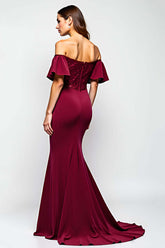 Burgundy Wedding Guest Dress Mermaid Off The Shoulder Long Formal Dress With Ruffles